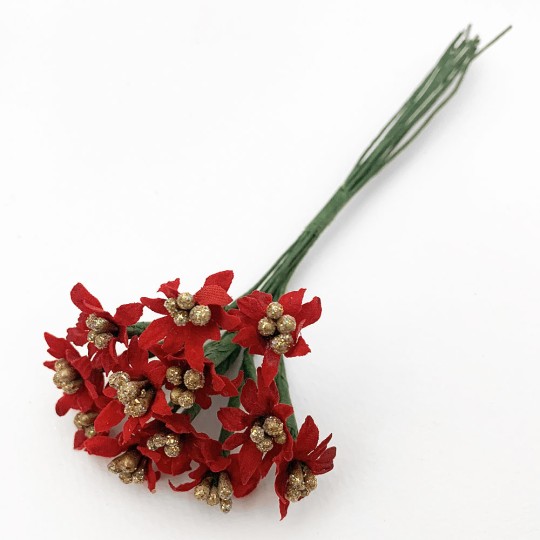 12 Miniature Red Fabric Millinery Poinsettias ~ Austria ~ 1/2"